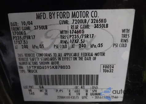 2005 Ford F-150 Fx4/Xlt из США, поврежденный, VIN 1FTPX04595KB78033